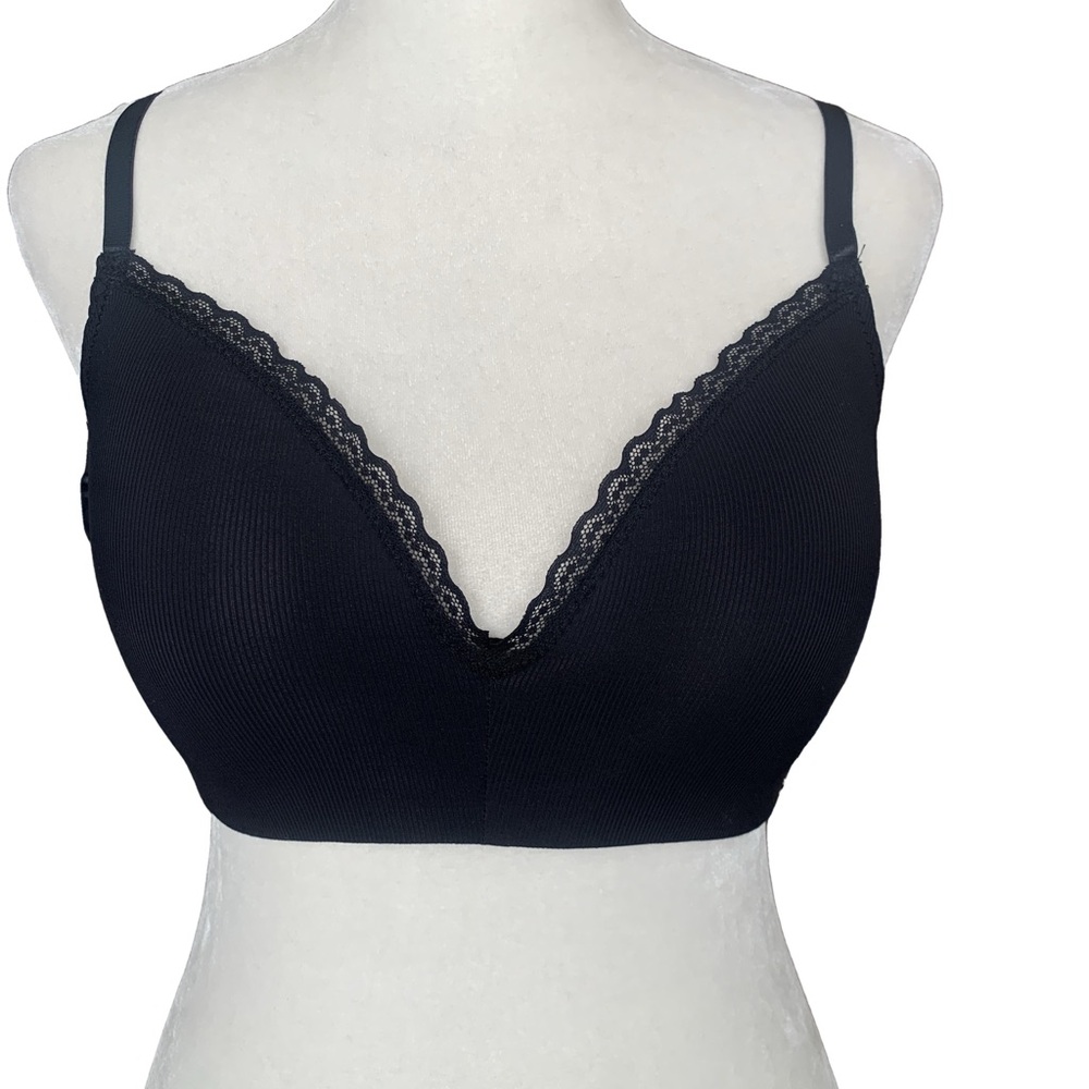 Nautica Black Ribbed Soft Lightly Padded Adjustable Lace Trim Wireless Bra